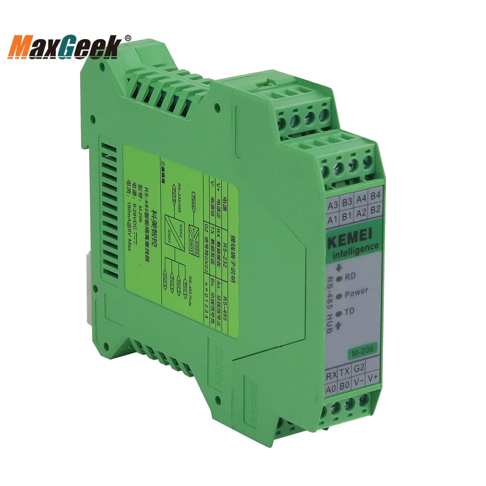 

Maxgeek M-206 Intelligent Isolated RS-485 Hub Industrial 5-Port RS485 Hub with 1.5KV Optical Isolation