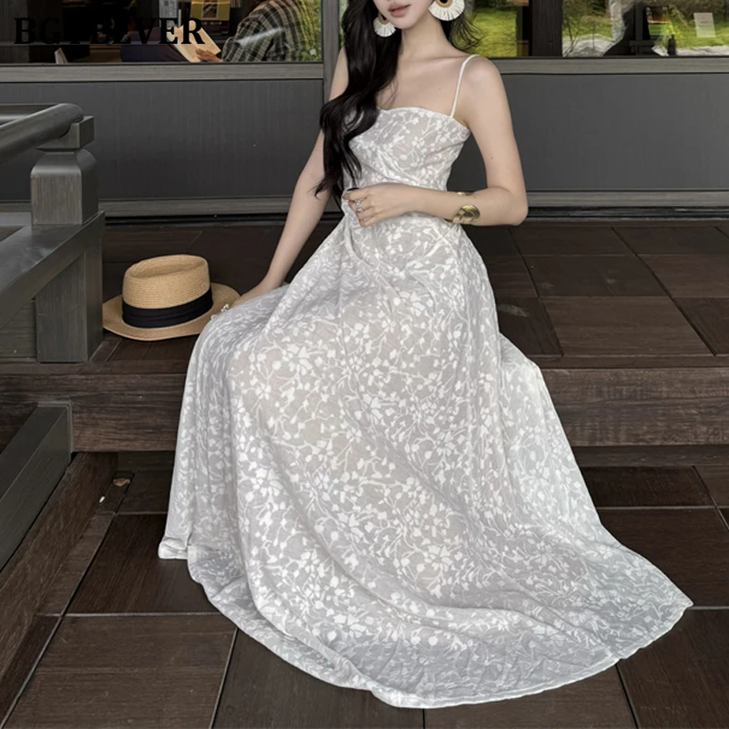 

BGTEEVER элегантное женское жаккардовое платье миди с тонкой талией на тонких бретельках, повседневное женское платье трапециевидной формы без рукавов, летние платья