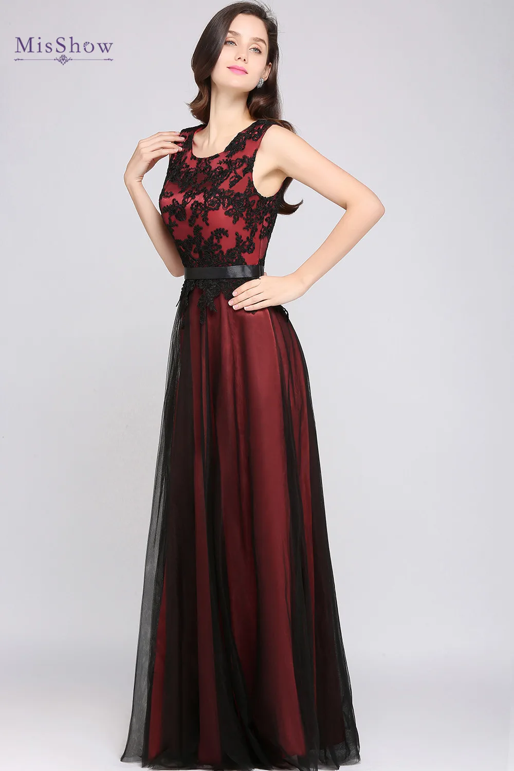 Burgundy Black Lace Evening Dresses For Women 2022 Long Tulle Sleeveless Elegant Formal Evening Prom Party Gown Vestido de Festa