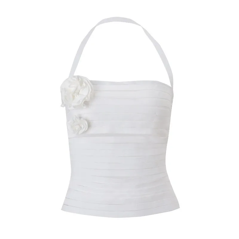 Women's Summer Sexy Halter Neck Slim Fit Crop Camisole with Ruffle Floral Non-removable Strap Woman Clothing Female Clothing