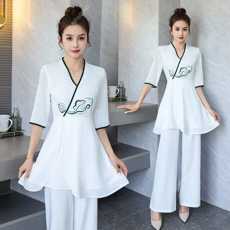 New Spa Uniforms Women Salon Foot Bath Massage Technician Esthetic Overalls Working Sauna Work Clothes for Female Pants Suit