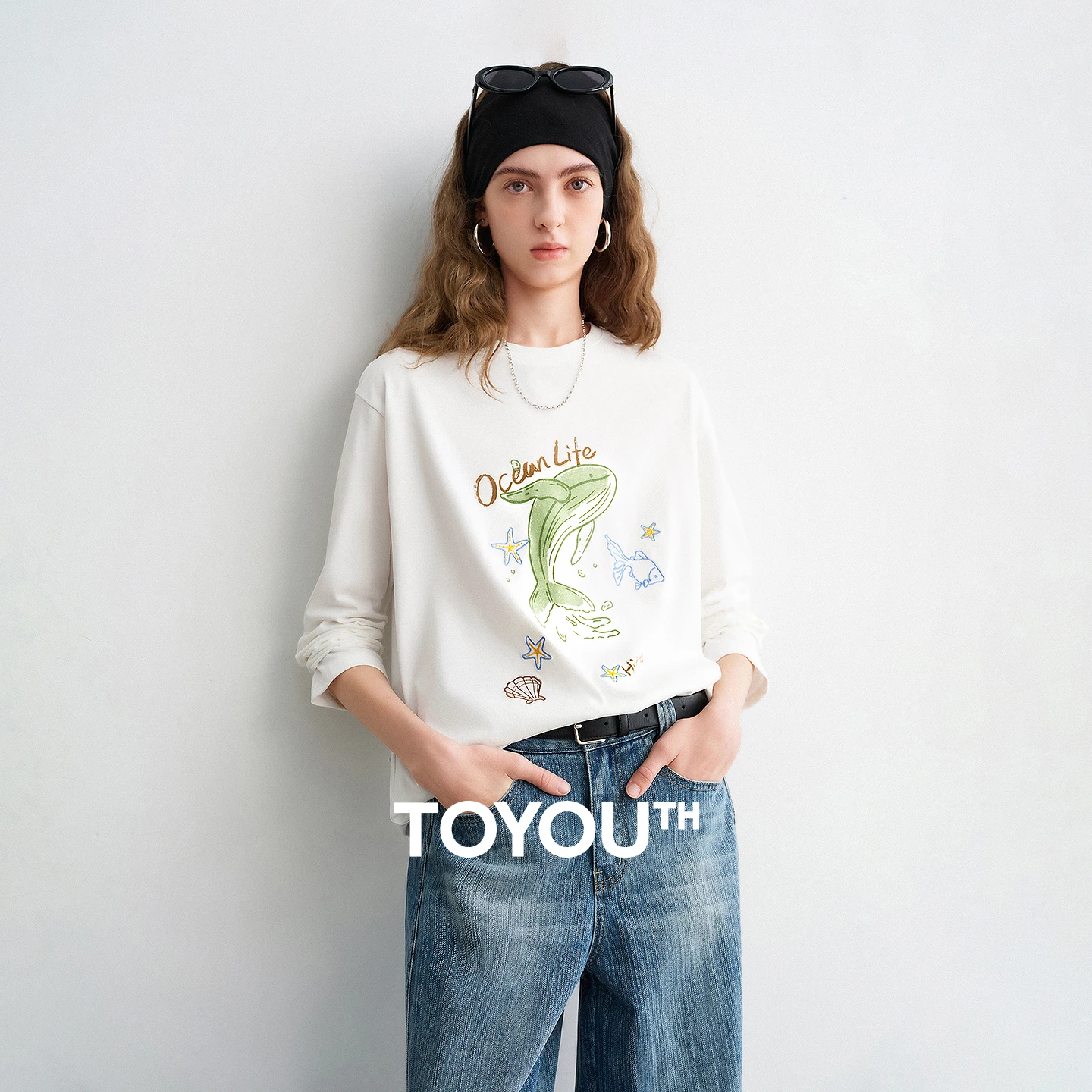 

TOYOUTH Женские хлопковые футболки 2026, весенние новые забавные молодежные свободные топы с круглым вырезом и длинными рукавами с принтом дельфинов