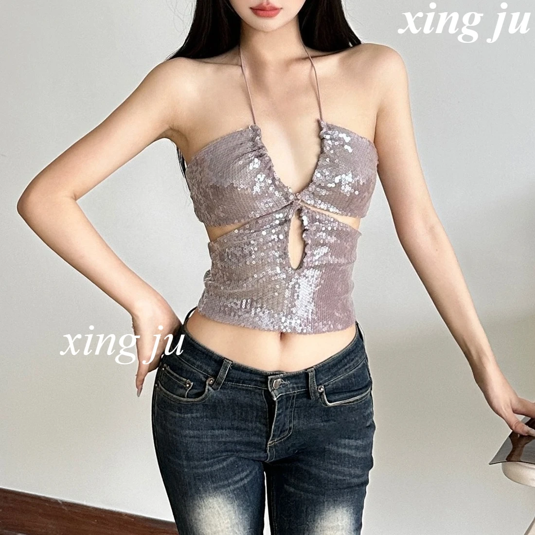 Ropa para el escenario de cantante Kpop, concierto coreano, chaleco Sexy con lentejuelas ahuecadas, Tops cortos, disfraces de Cosplay para mujer