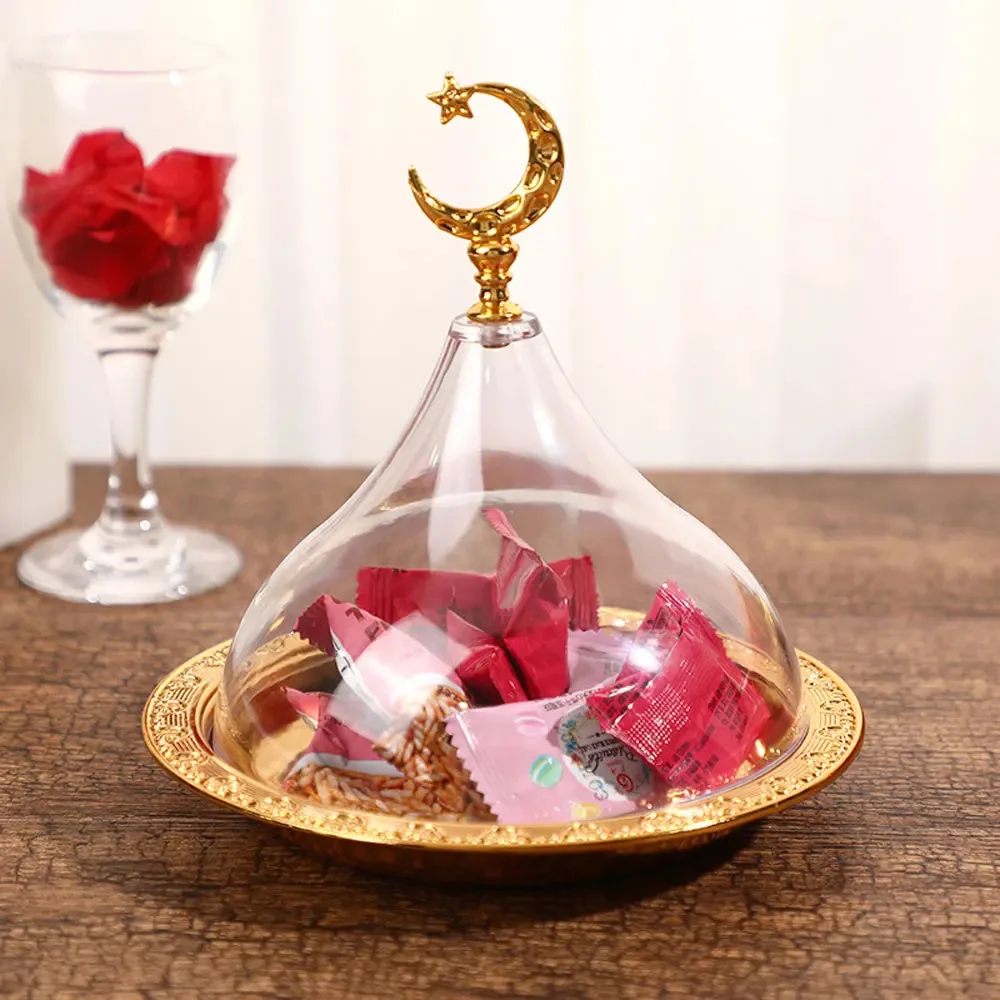 

New Metal Ramadan Tray With Clear Dome Lid Mini Cake Candy Tray Reusable Dessert Tray Round Food Storage Organizer For Nuts