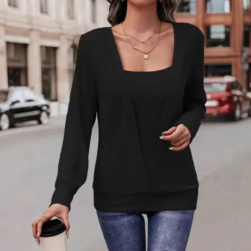 

Женская блузка с квадратным воротником и длинным рукавом, искусственный двухсекционный дизайн, пуловер, топы, однотонная осенняя футболка свободного покроя
