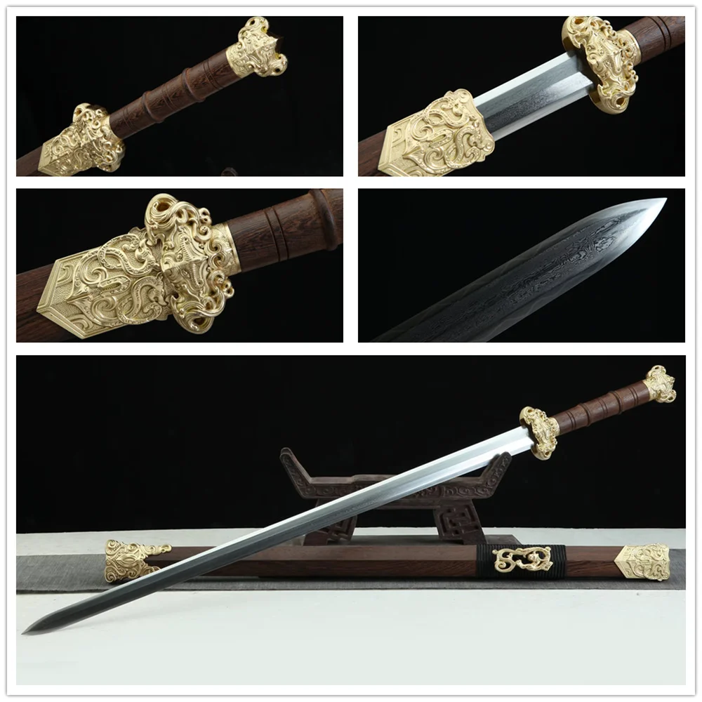 Exquisite Chinese Kungfu Sword Hanjian Damascus Clay Tempered Steel Blade Copper Brass Fittings Parts Full Tang