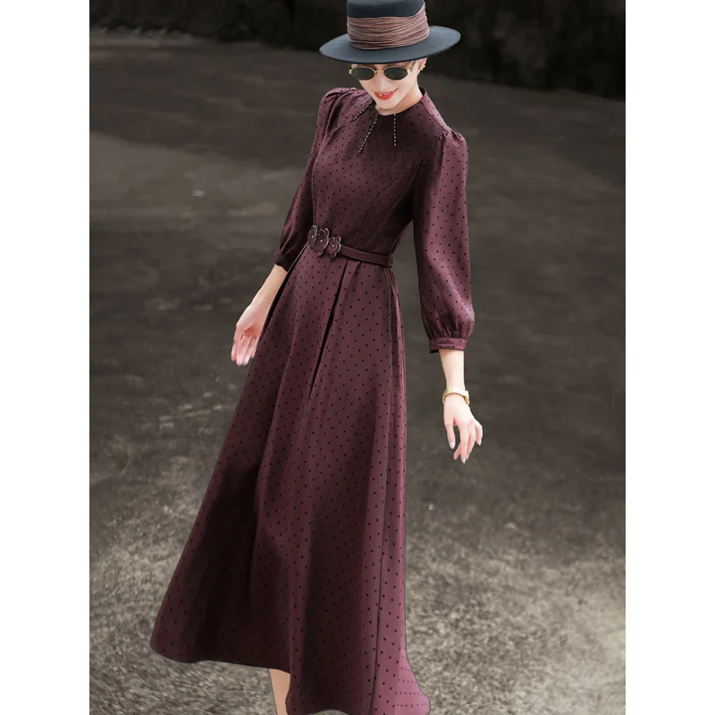 MEXCOCO 2026 Spring Vintage Stand Collar Puff Sleeve Polka Dot Beaded Belt High Waist Pleated Big Swing Maxi Commuter Dress