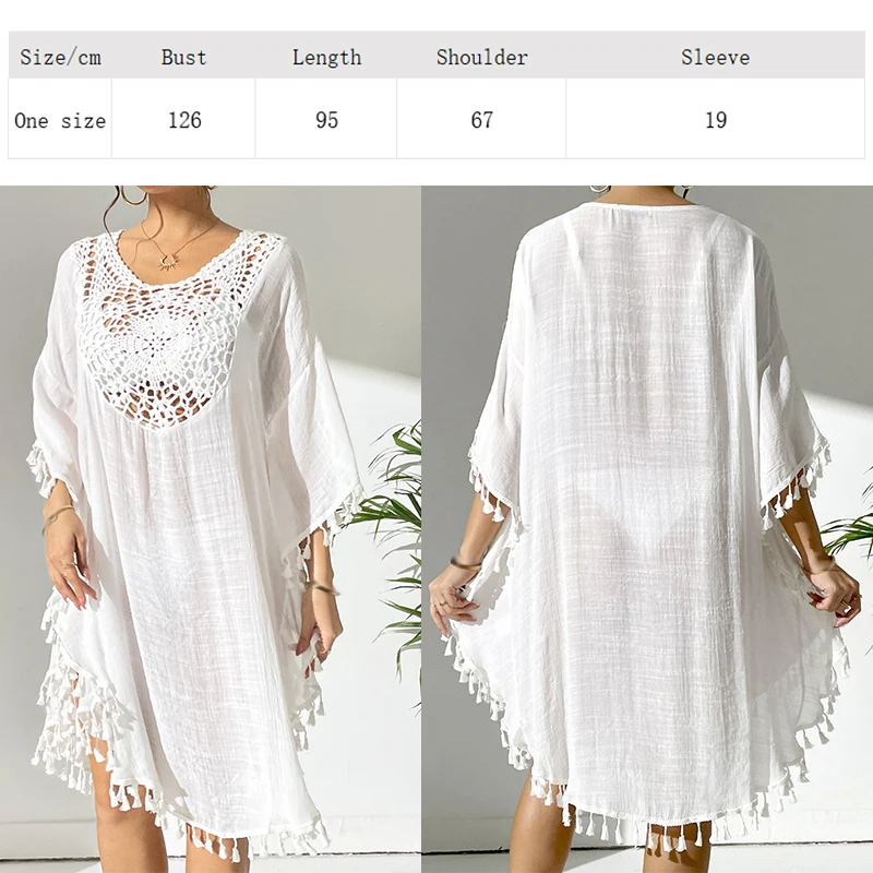 2025, Fransen, Quaste, Stickerei, halbe Ärmel, Tunika, Strand-Vertuschung, Vertuschungen, langes Strandkleid, Strandkleidung, Strandmode, weibliche Frauen