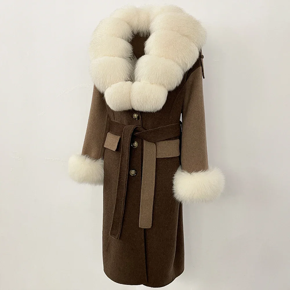 Hooded Large Real Fox Fur Elegant Woolen Jacket Women's Long Belt Lace Up Wool Blend Coat Cashmere Streetwear Autumn Winter