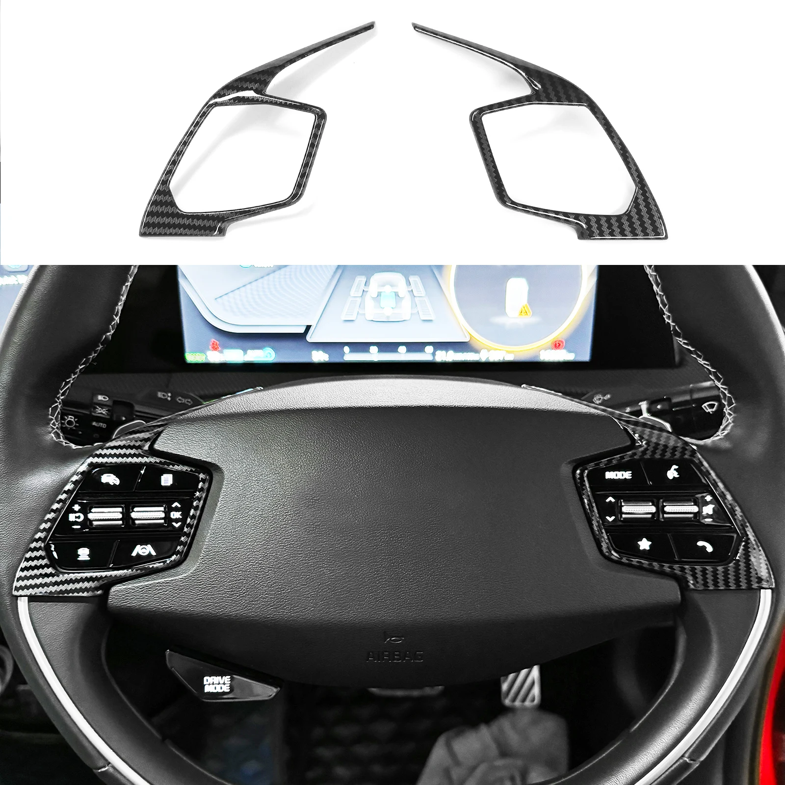 기아 EV6 Niro SG2 용 2pcs 탄소 섬유 스타일 내부 스티어링 휠 버튼 프레임 트림 커버