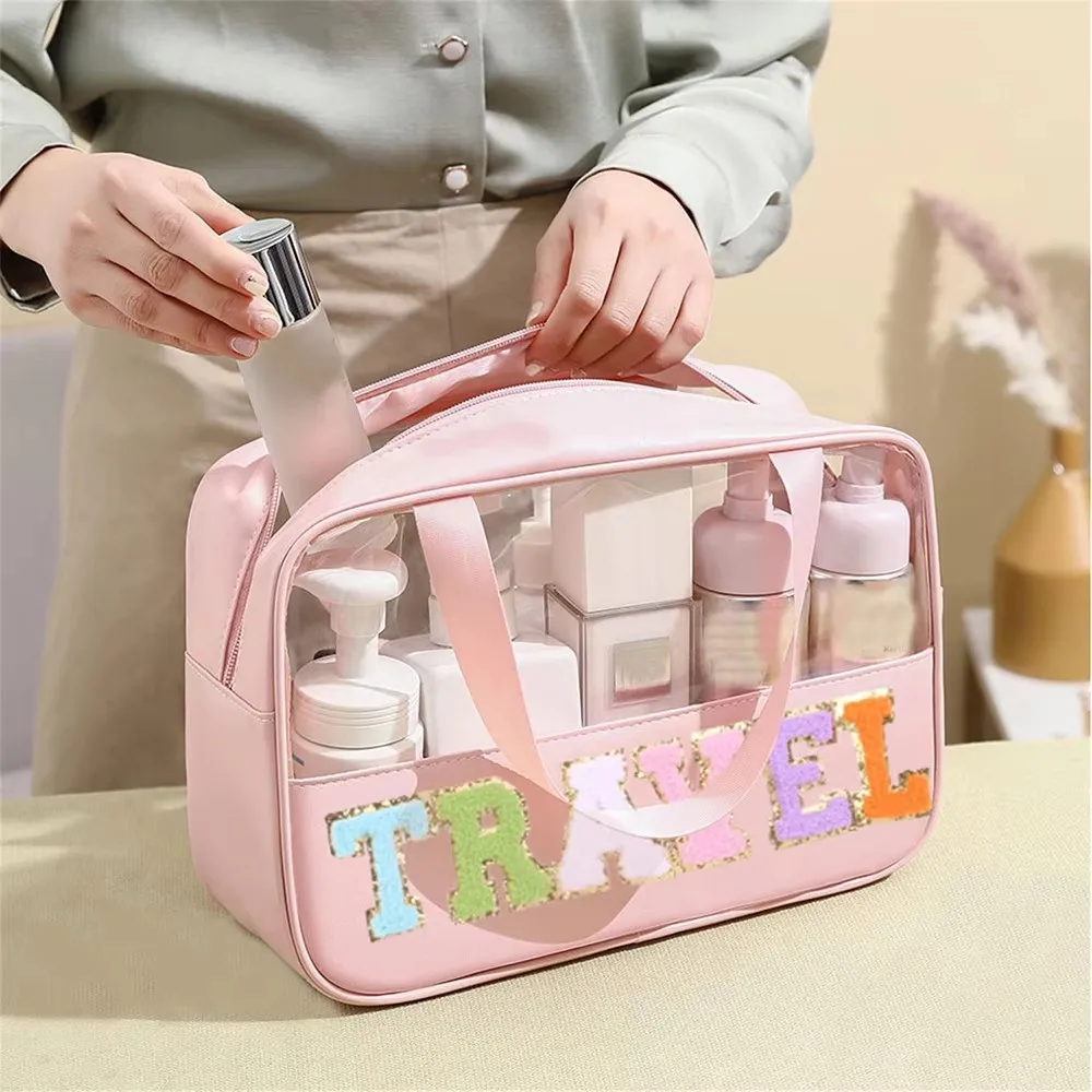 Preppy Clear TRAVEL Makeup Bags with Chenille Letter STUFF Patches Large Clear Make up Bag Zipper Pouch with Handle