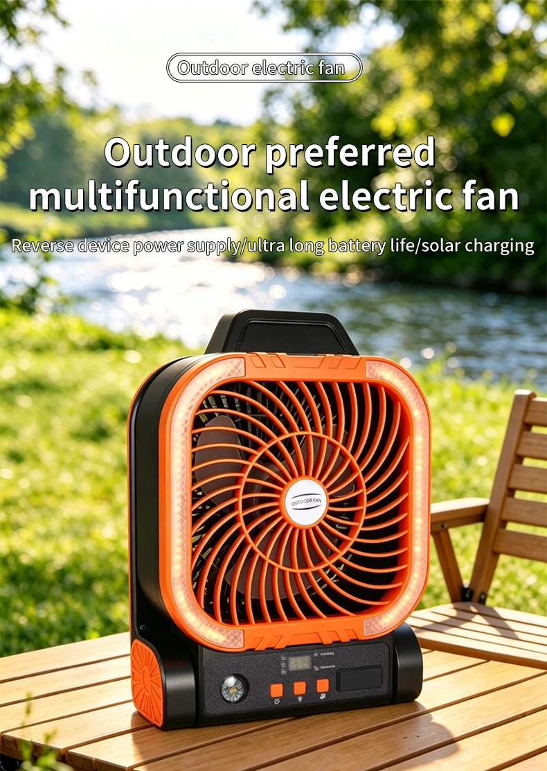 Solarbetriebener Campingventilator, tragbarer, wiederaufladbarer Tischventilator für den Außenbereich mit LED-Licht, Powerbank, Klapphaken für Zelt und Angeln – Detail 1