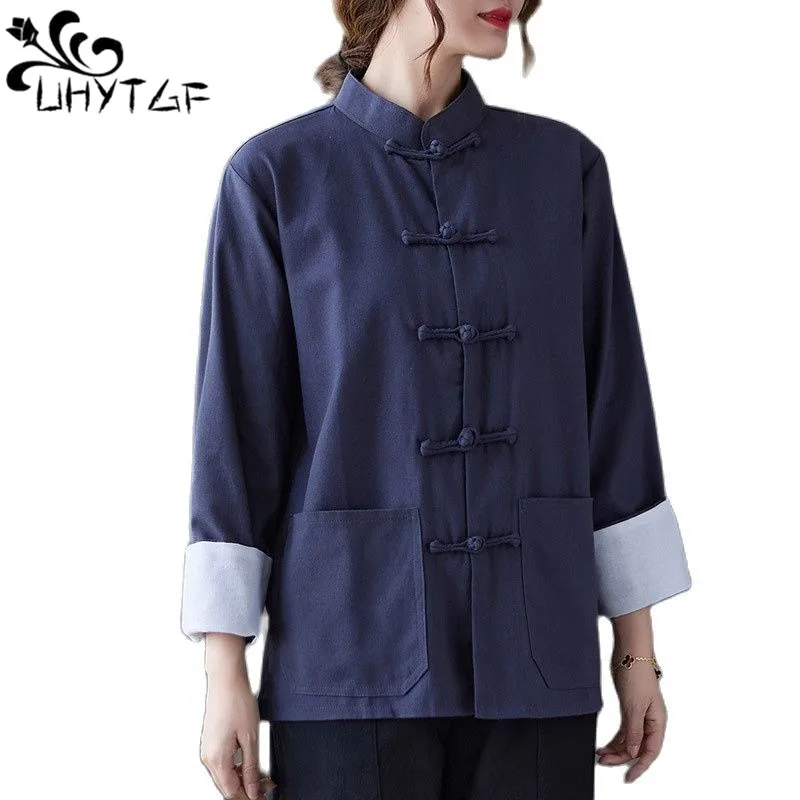 

UHYTGF Couple Jackets For Women Vintage Dial Buckle Cotton Linen Autumn Winter Coat Female Casual Thin Tai Chi Uniform Tops 2240