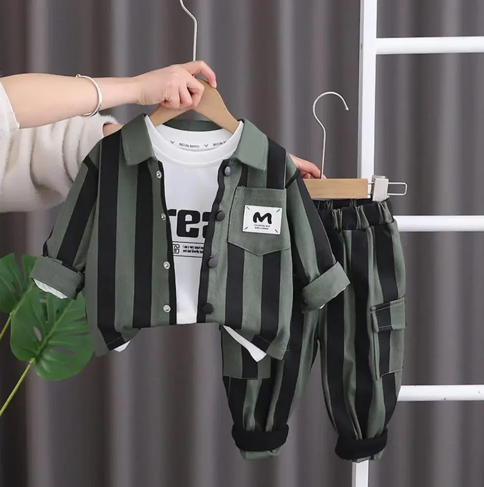 

Kids Baby Spring Clothes 2024 Designer Style Vertical Striped Casual Jacket+T-shirts+Pants 3PCS Boys Sets Toddler Infant Outfits