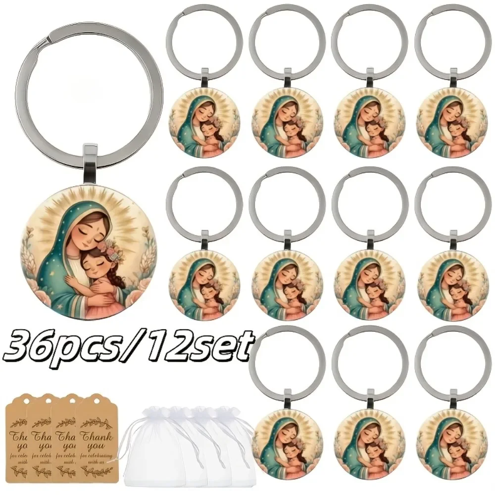 36 piezas/12 juegos de llaveros con medallas de la Virgen María y ángeles, con tarjetas de agradecimiento y bolsas para bautizo, comunión, boda, confirmación