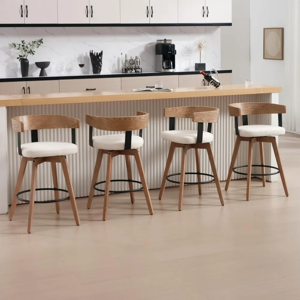 Modern Counter Height Swivel Bar Stool Set, 26 High with Footrest, Linen Upholstered Seat, Sea-Inspired Design