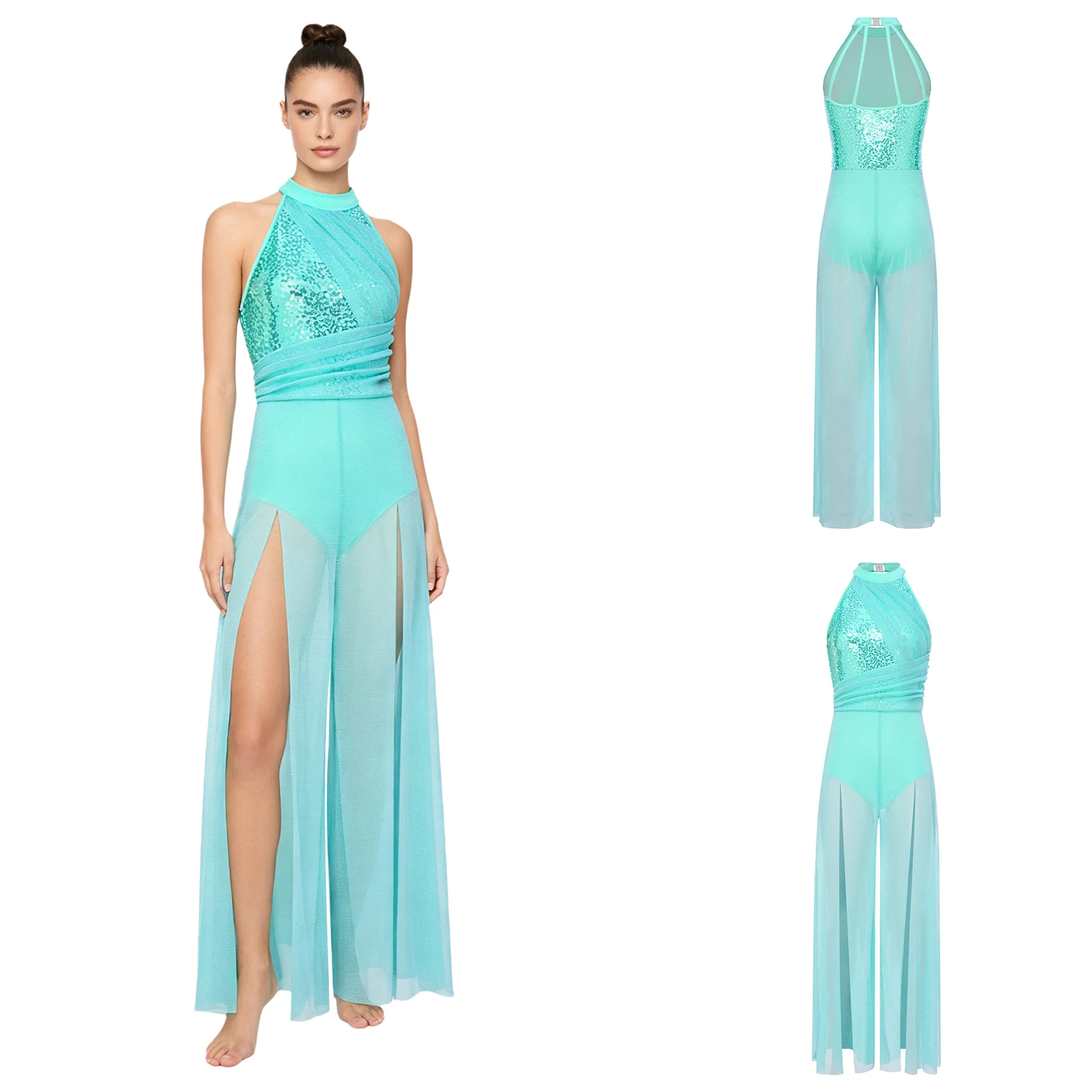 

Women One Piece Lyric Dancewear Sequin Bodice Halter Mock Neck Sleeveless Strappy Jumpsuit Bodysuit Ballet Latin Dance Clothing