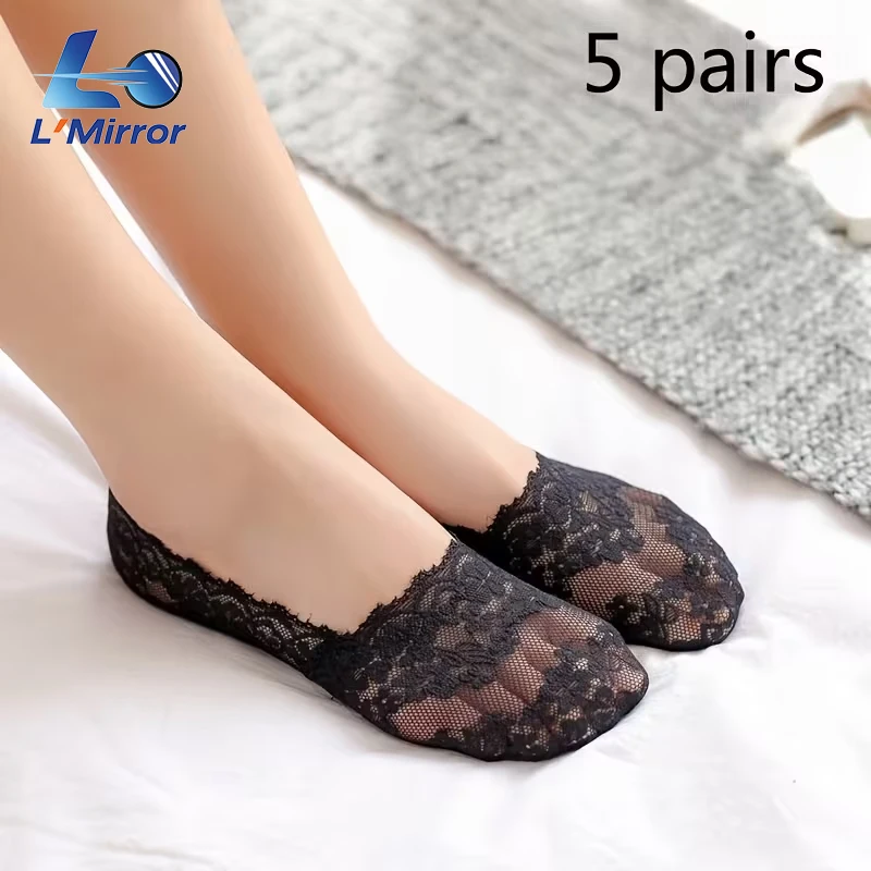 L●Mirror 5 Pairs Lace Ankle Socks Women'S Summer Thin Shallow Mouth Silicone Anti-Slip Invisible Socks Non-Slip Short Socks
