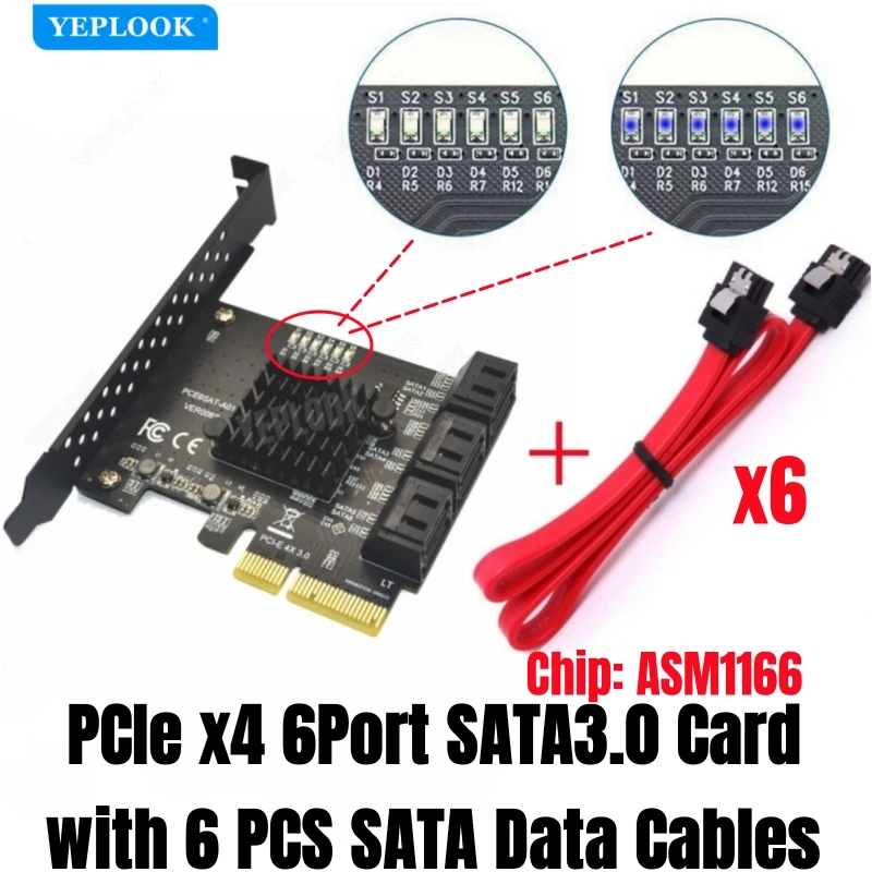 

PCIe to 6 Port SATA3.0 6Gbps Expension Card ASM1166 Chip for HDD/Optical Drive/SSD/NAS/Miner Mining with Heat Sink & SATA Cables