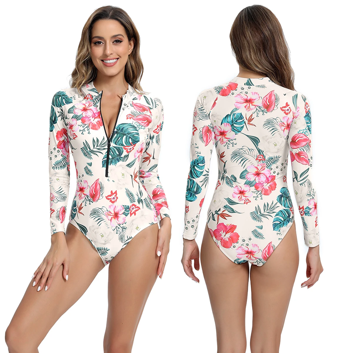 

2026 Newest Women Swimming Suit Sexy Long Sleeves Beach Wear Zipper Print Padded Bathing Suit Surfing Suit