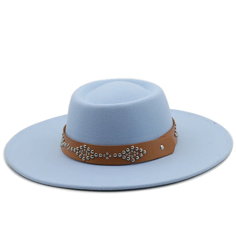 Classic Big Wide Brim 9.5CM Church Derby Flat Top Hat Solid Wool Felt Fedoras Hat Party Gambler Jazz Cap