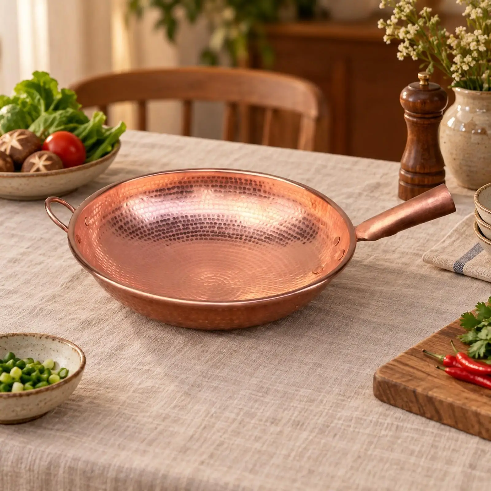 Artisan Copper Cooking Pan Hammered Texture Deep Wok with Side Loop Handle for Gas Stove Daily Kitchen Use