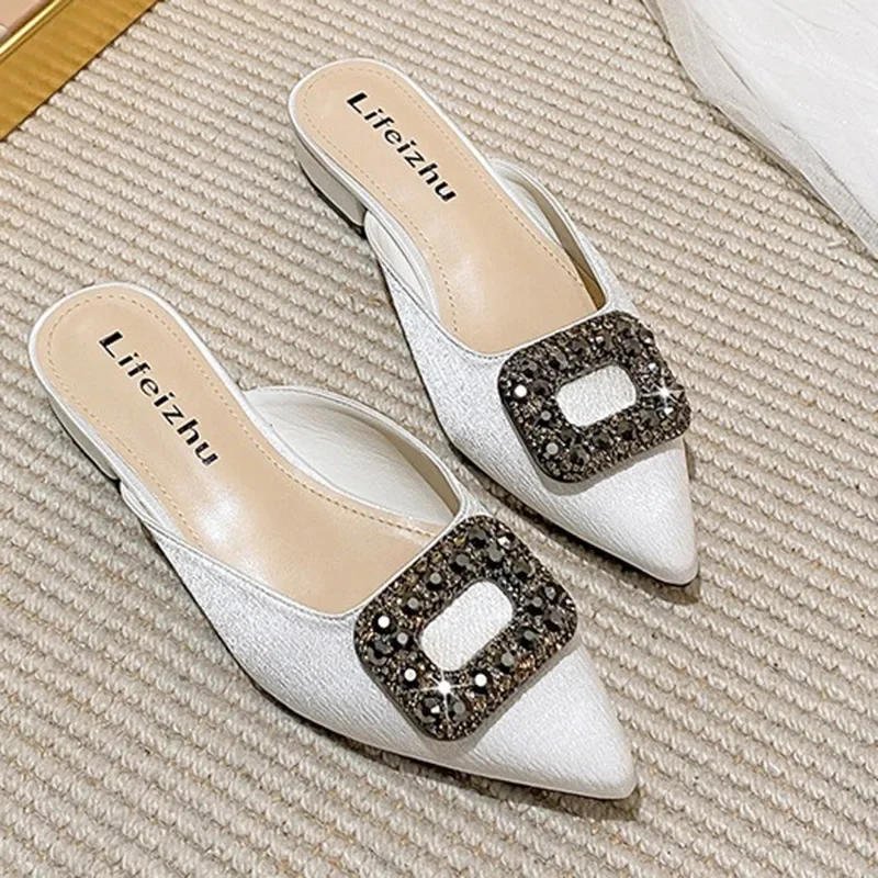 2024 Women 3.5cm High Heels Luxury Banquet Slides Lady Shiny Crystal Square Buckle High Heels Female Fashion Pointed Toe Mules