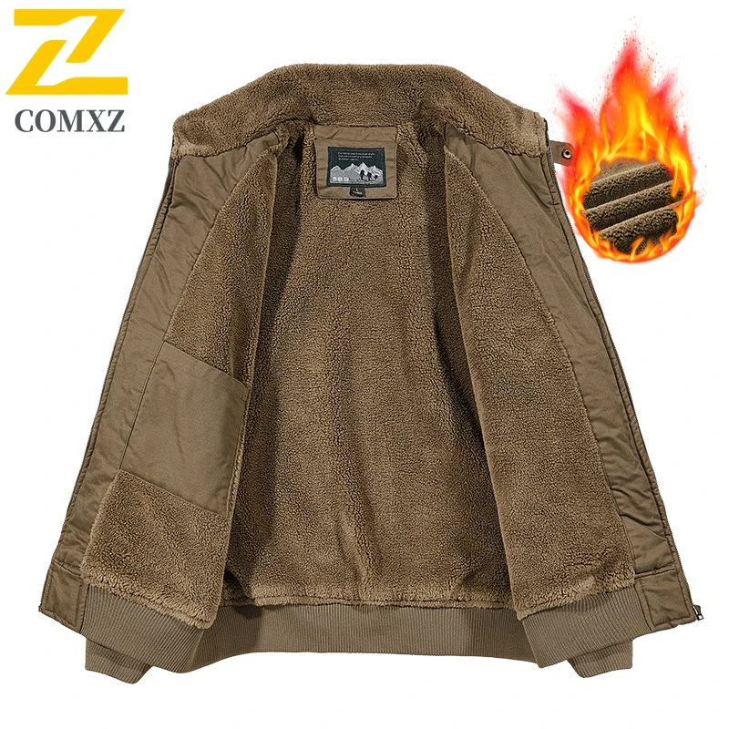 Men's Work Jacket Autumn Winter New Solid Color Warm Thickened Multi-pocket Outdoor Travel Lapel Coat Men Simple Cotton Clothes