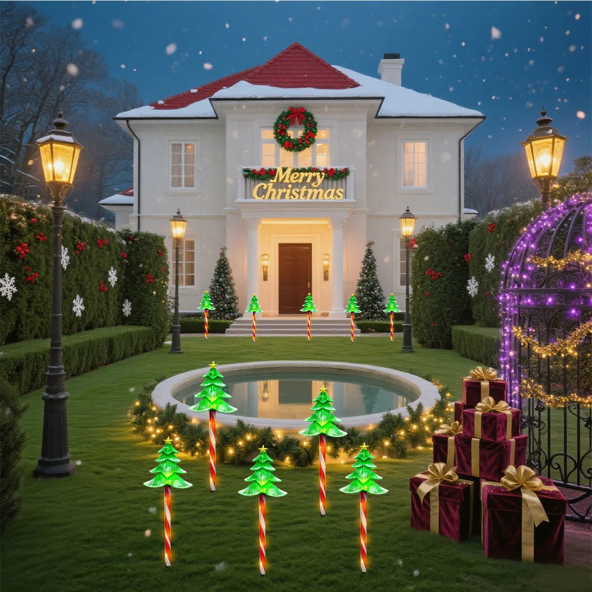 1 مجموعة من 5 شجرة عيد الميلاد الشمسية الأرض التوصيل ضوء 8 طرق شجرة عيد الميلاد أضواء الحلوى مثالية للفناء ساحة الحديقة تزيين في العطلة