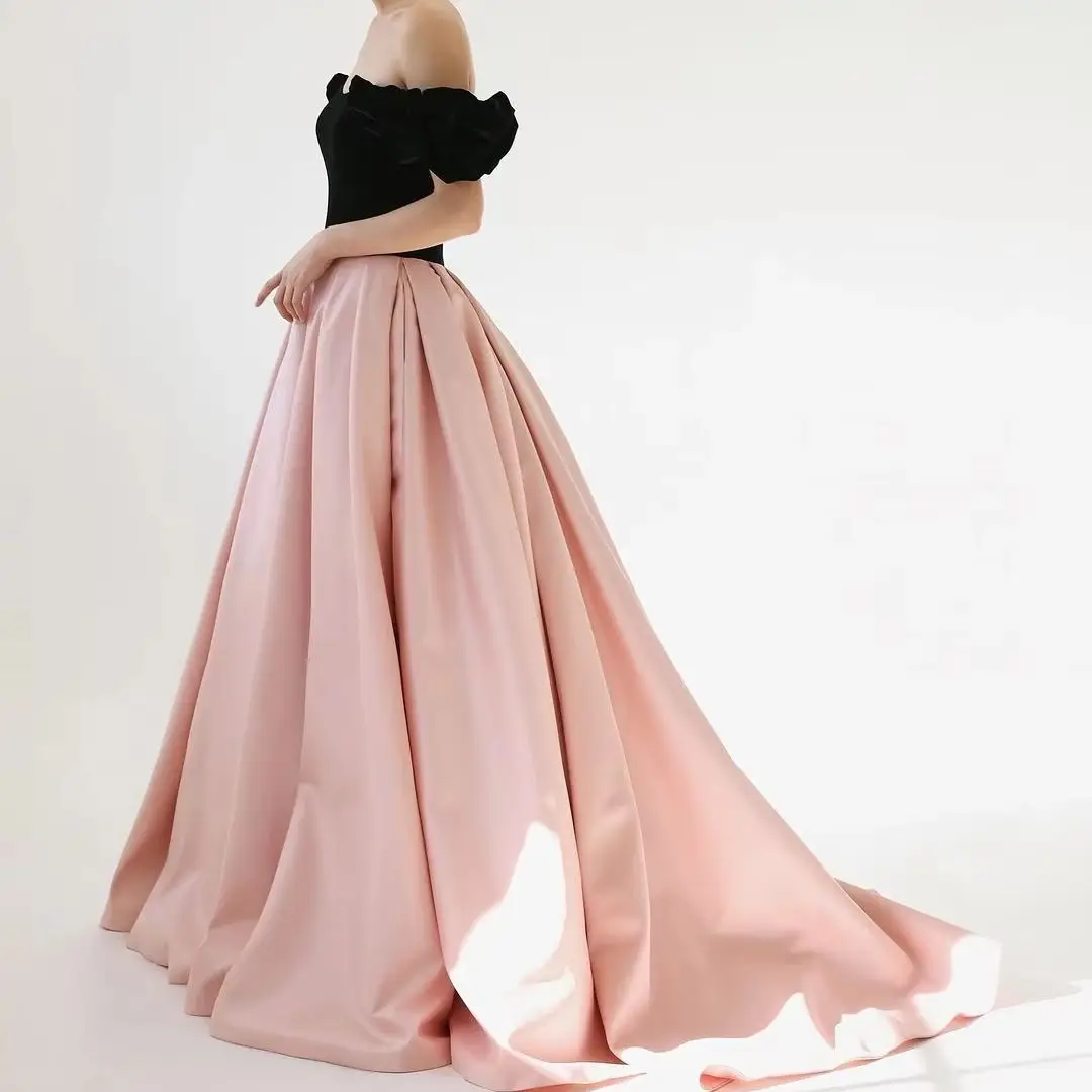MD Pink And Black A-line Wedding Dress Off Shoulder Evening Dress Korea Photoshoot Floor Length Reception Dress Customized 2025