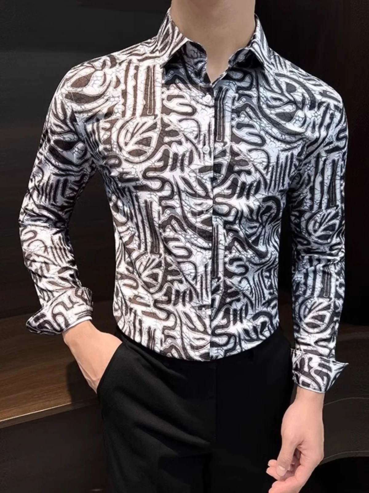 

Korean Style Long Sleeve Printed Shirt Men's Slim Fit Floral Print Fashionable Spring Autumn Men's Shirt Casual Wear