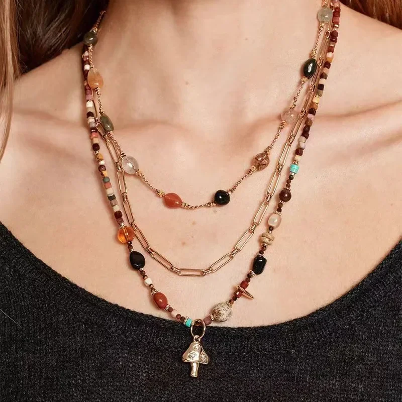 Sunrise Mushroom Stone Beaded Necklace Simple Temperament Sweater Chain Versatile Niche Design Mushroom Beaded Pendant Female
