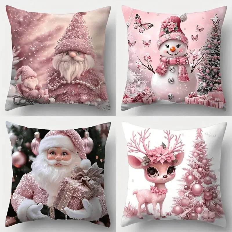 Pink Christmas Pillow Covers 4pcs, Snowman Elk Santa Single-Sided Print, Decorative Sofa Cushion Cover Multi-Size Available