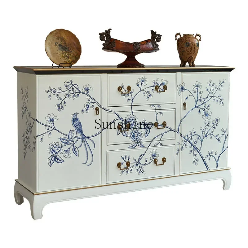 

New Chinese style living room painted dining side cabinet solid wood decorative display art entrance cabinet