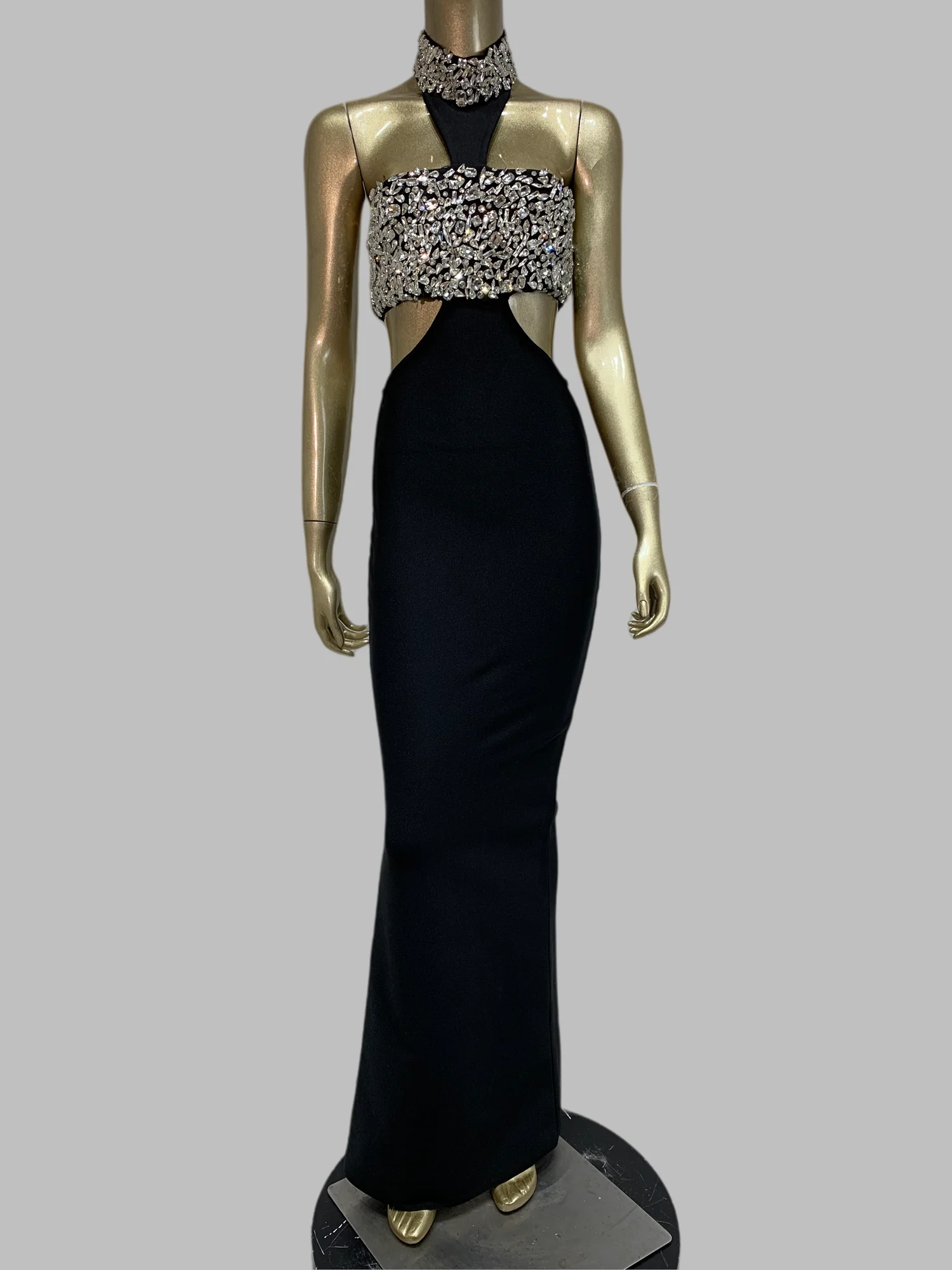 Women Black Halter Crystal Backless Cut Out Long Bandage Dress Birthday Celebrity Evening Club Party One Piece Gala Gowns