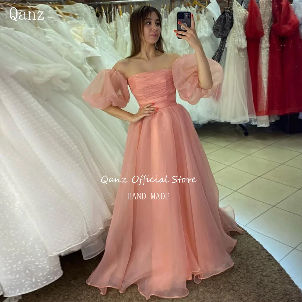 Qanz Elegant Organza Evening Dresses Strapless Long A Line Robe De Soirée Femmes Lace Up Back Wedding Party Dress Customized