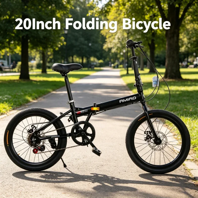 Black 20 Inch Ultra-Light Portable Folding Spoke Wheel Bicycle with Disc Brake Variable Speed for Student And Commuter Daily Use