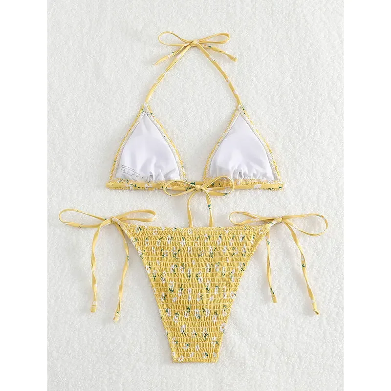 sexy cravatta halter stampa floreale rugosa micro bikini set perizoma a vita alta costumi da bagno Biquini conjunto de bikini tankini beachwear