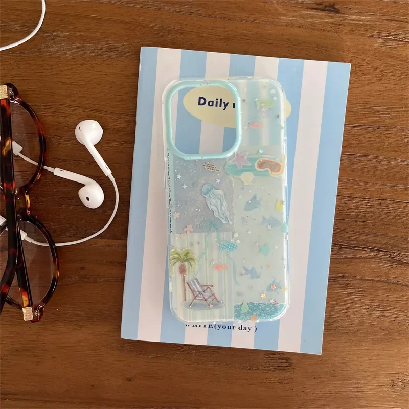 Coleção de camada dupla emenda praia pintura a tinta caso de telefone para iphone 17 ar 16 15 14 pro max anti risco ins y2k menina