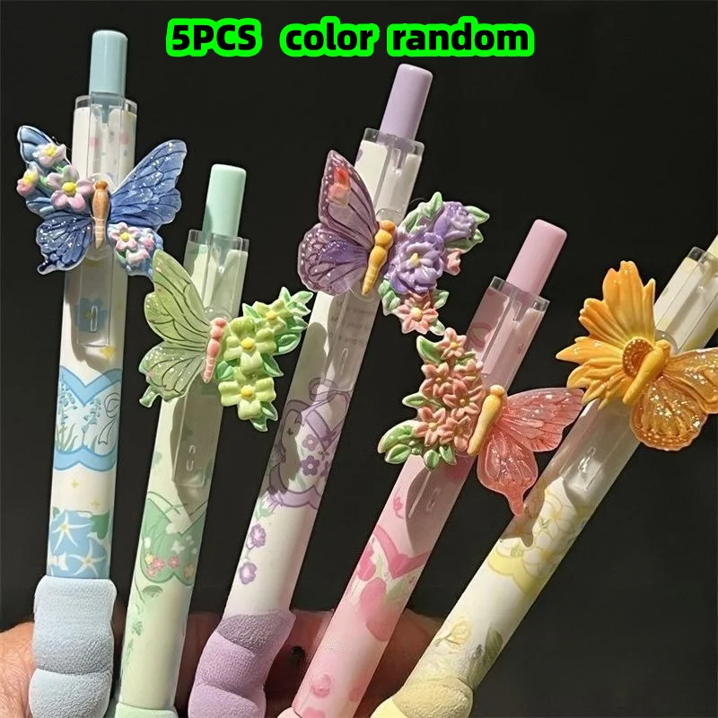 5-teiliges Set schwarzer Gelstifte mit zufälligen Farben und floralen Schmetterlingsmotiven, hochwertig, geeignet für Büro- und Studienzwecke, vielseitig einsetzbar, im Ins-Stil, ästhetisch ansprechend, mädchenhaft, ideal für Prüfungen, superweich, schnell trocknend, perfekt zum Üben des Schreibens – Detail 1