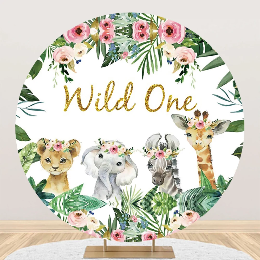 Laeacco Safari Birthday Round Background Tropical Jungle Animals Baby Shower Newborn Portrait Customized Photography Backdrop