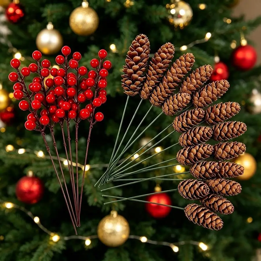 1/5/10/20/50/100pcs Artificial Pine Cones and Red Berries Combination Set, Faux Pinecone Christmas Decorations, DIY Wreath, Arti