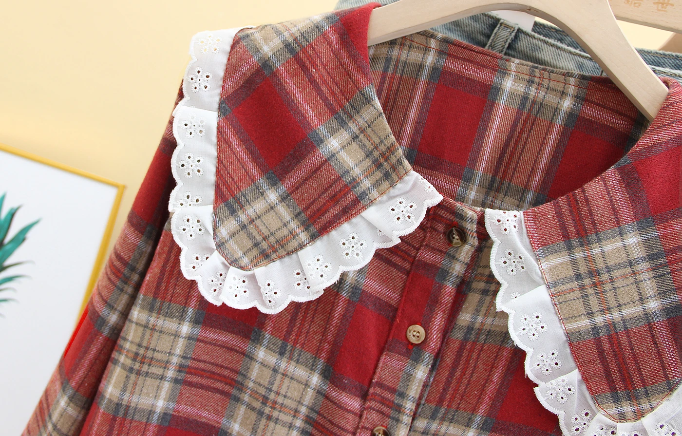 Lace Spliced Checkered Shirt Women's Long Sleeved Spring Autumn New  Loose Sweet Doll Top Classic Single Breasted Blouse