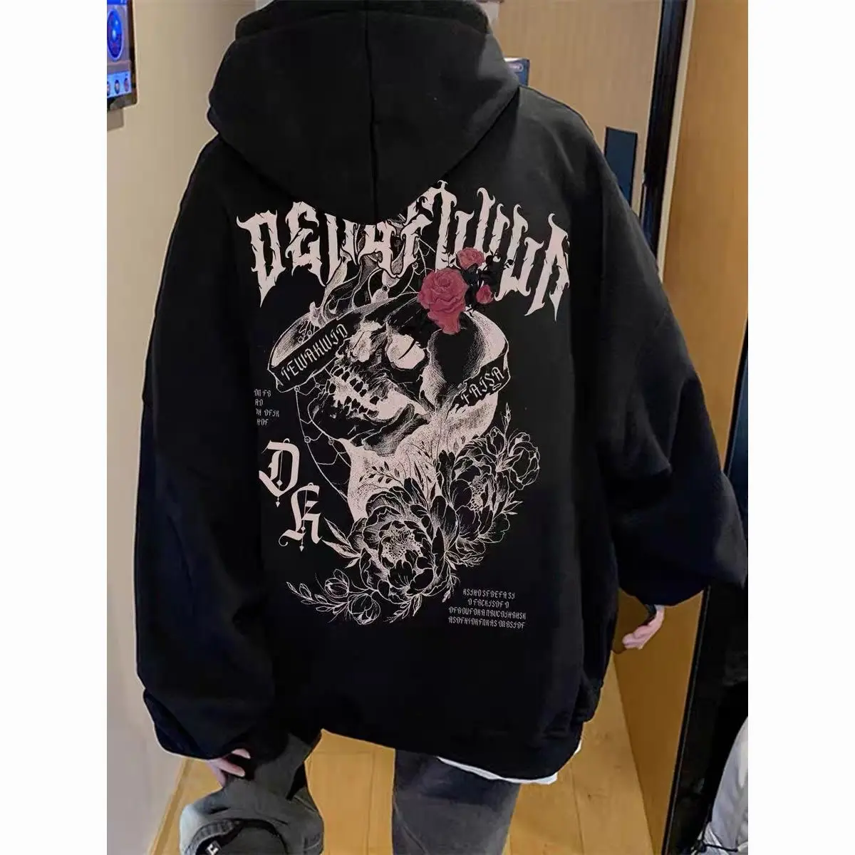 

American vintage retro skull print hooded sweater men's and women's autumn and winter street style tops