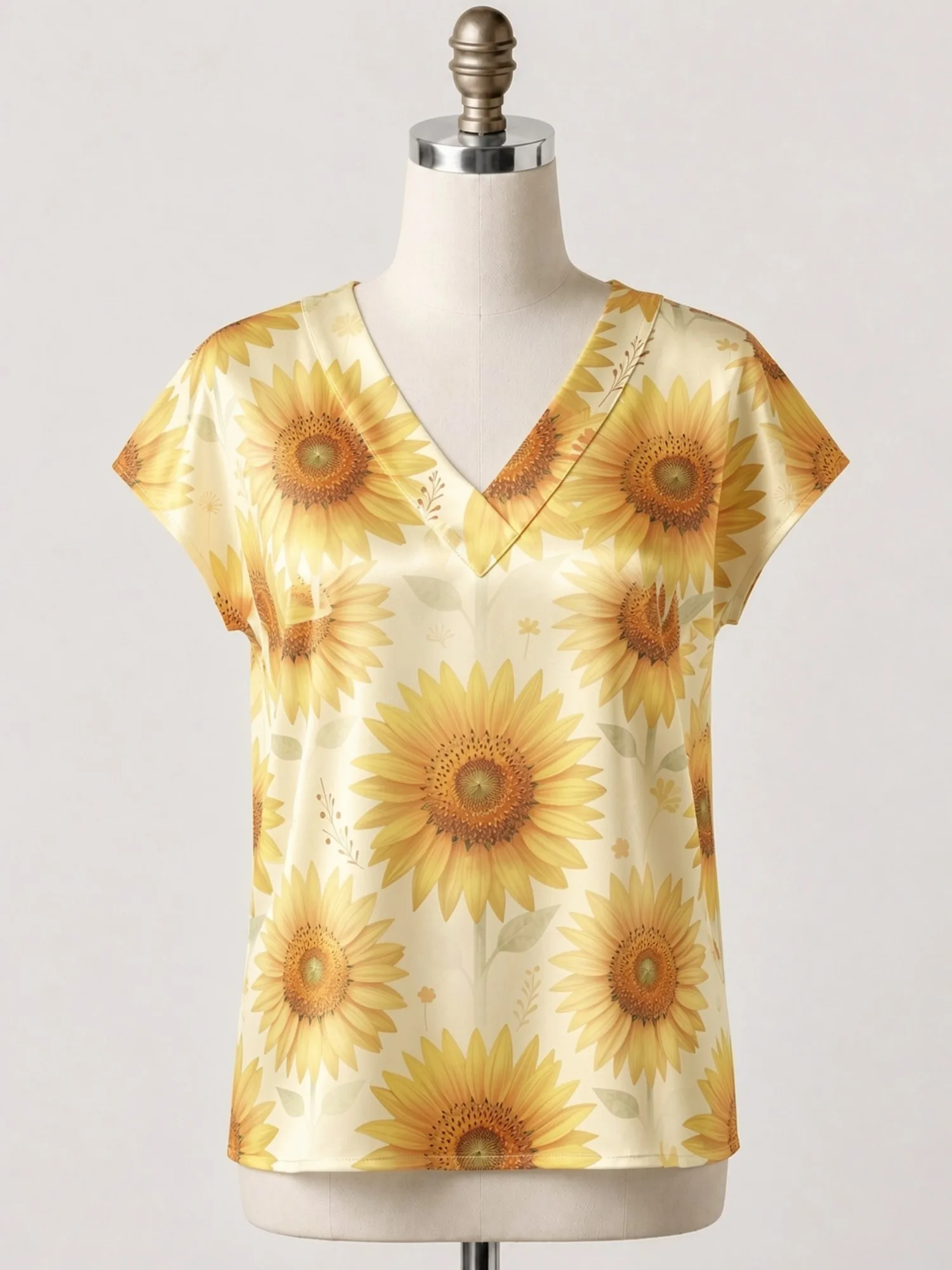 Floral Satin V Neck Top for Women Cap Sleeve Relaxed Draped Fit Silky Vacation Beach Daily Wear Lightweight Breathable Versatile