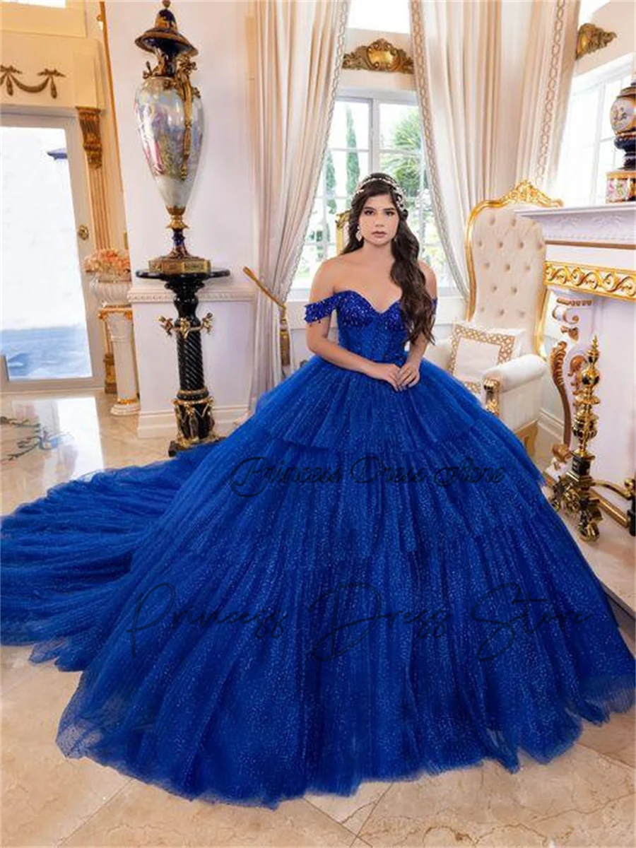 Vestidos de quinceañera azul real de lujo, lentejuelas brillantes, apliques de encaje, vestido de baile de cristales, dulce 16 vestidos, fiesta de cumpleaños 15