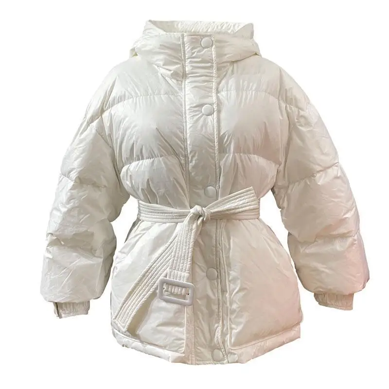 الأبيض Du down Puffer Jaet الشتاء Thiened الخبز Sle طالب فضفاض الخصر مربوط معطف بسيط تخفيف Sle ألياف البوليستر