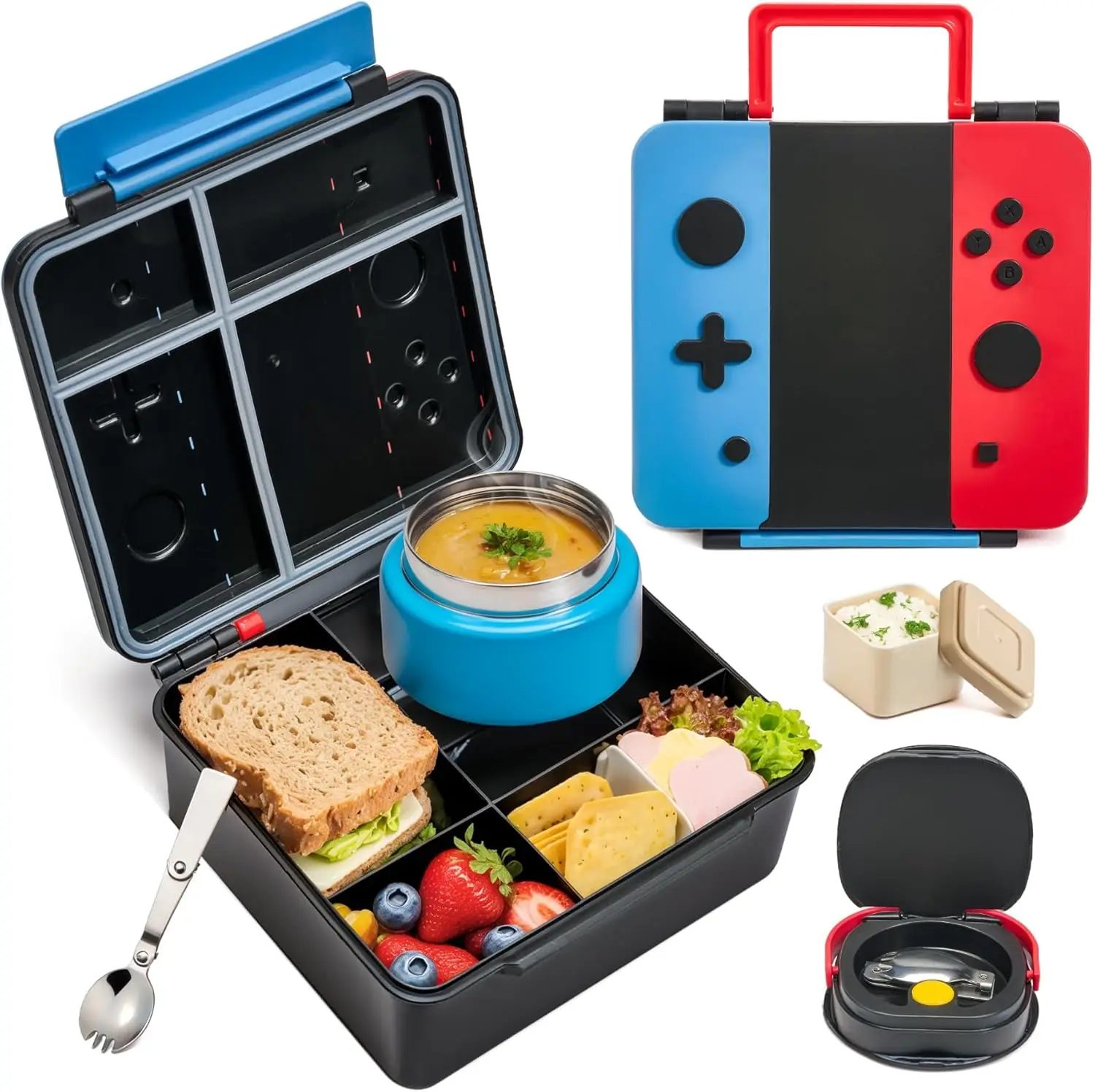 

Kids Game Bento Lunch Box with Thermo Jar, Folding Spoon, Removable Divider & Sauce Cup for School Travel, BPA-Free Blue-Red