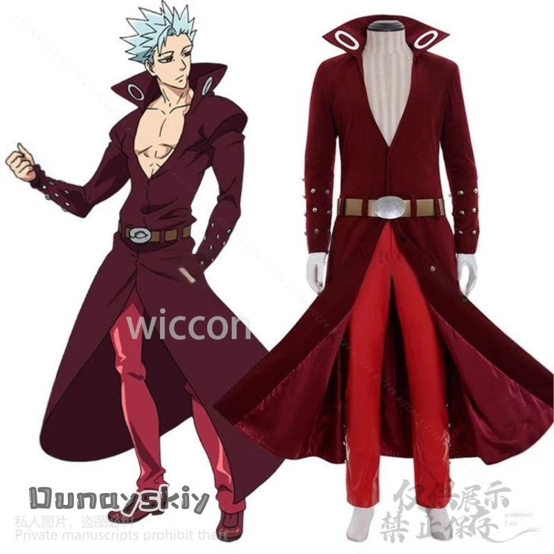 أنيمي السبع تأثيري الخطايا القاتلة حظر الثعلب خطيئة الجشع طويل أحمر عميق الخامس معطف السراويل Y2K فاسق موحدة الباروكات الدعاوى