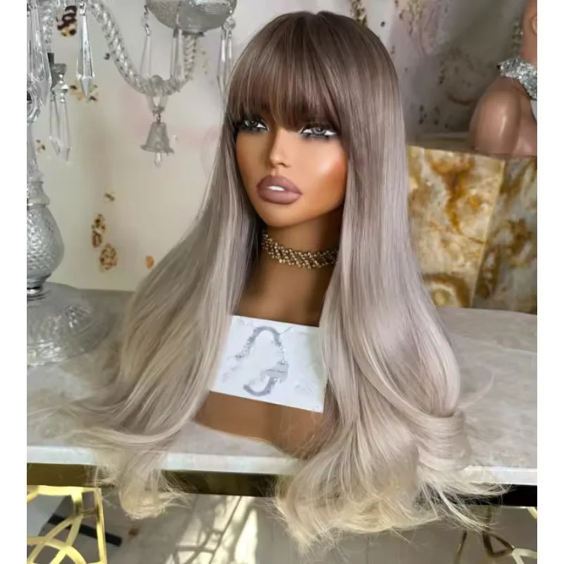Ombre Ash Brown to Platinum Blonde Wig with Bangs 100% Human Hair None Lace
